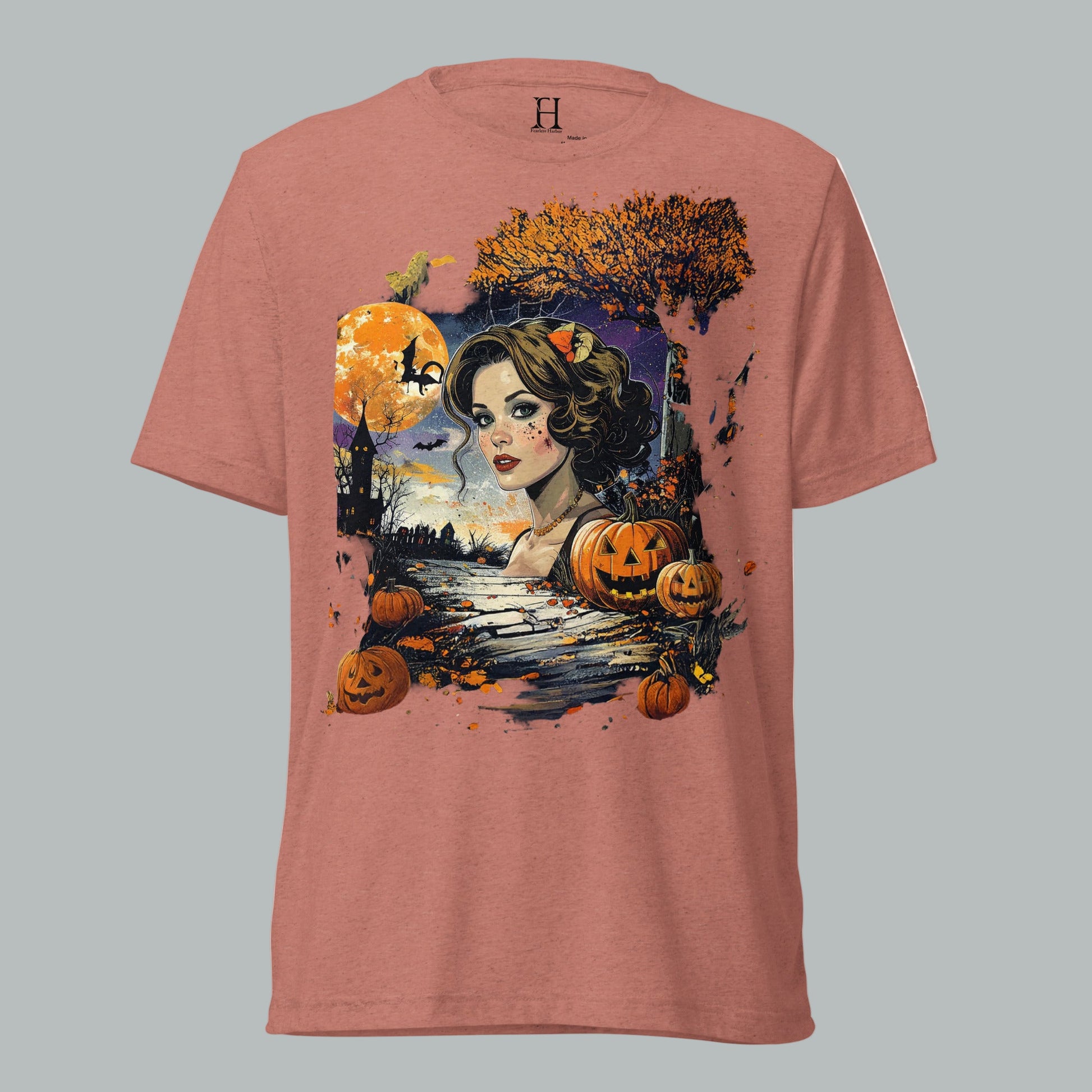 Front view of Shadowed Siren Glow Tee in Mauve, featuring vintage haunted glowing siren design for Halloween.