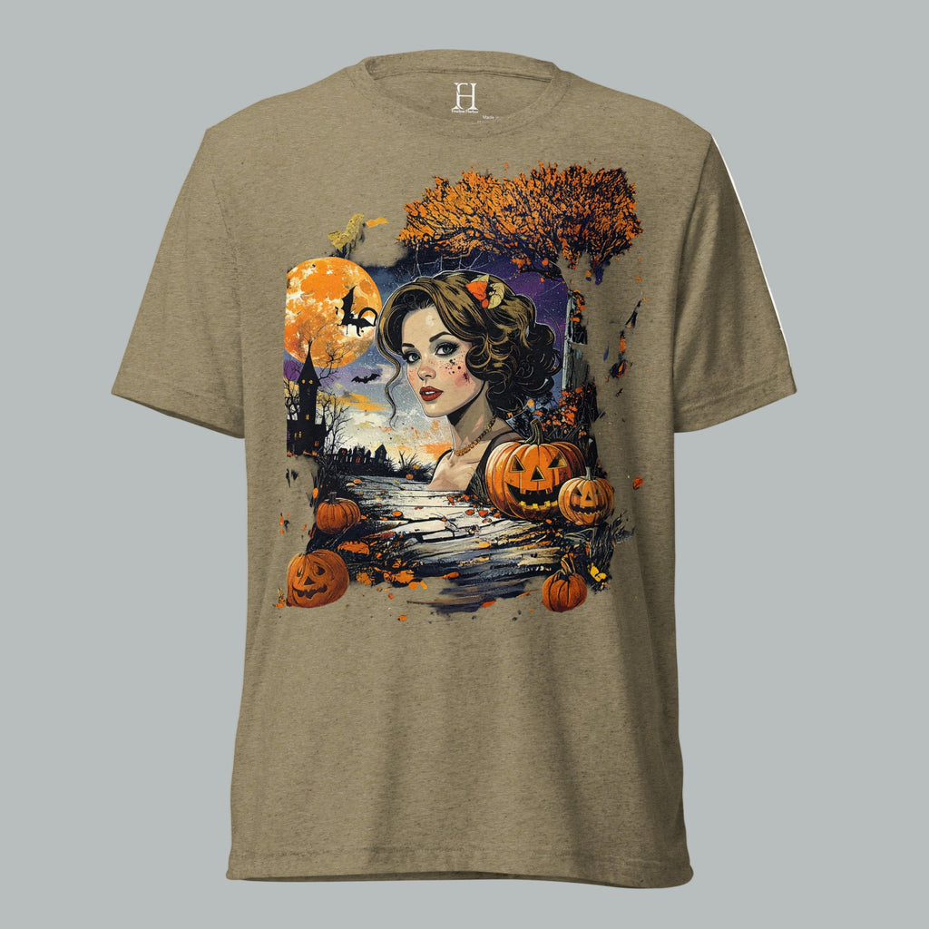 Front view of Shadowed Siren Glow Tee in Olive, featuring vintage haunted glowing siren design for Halloween.