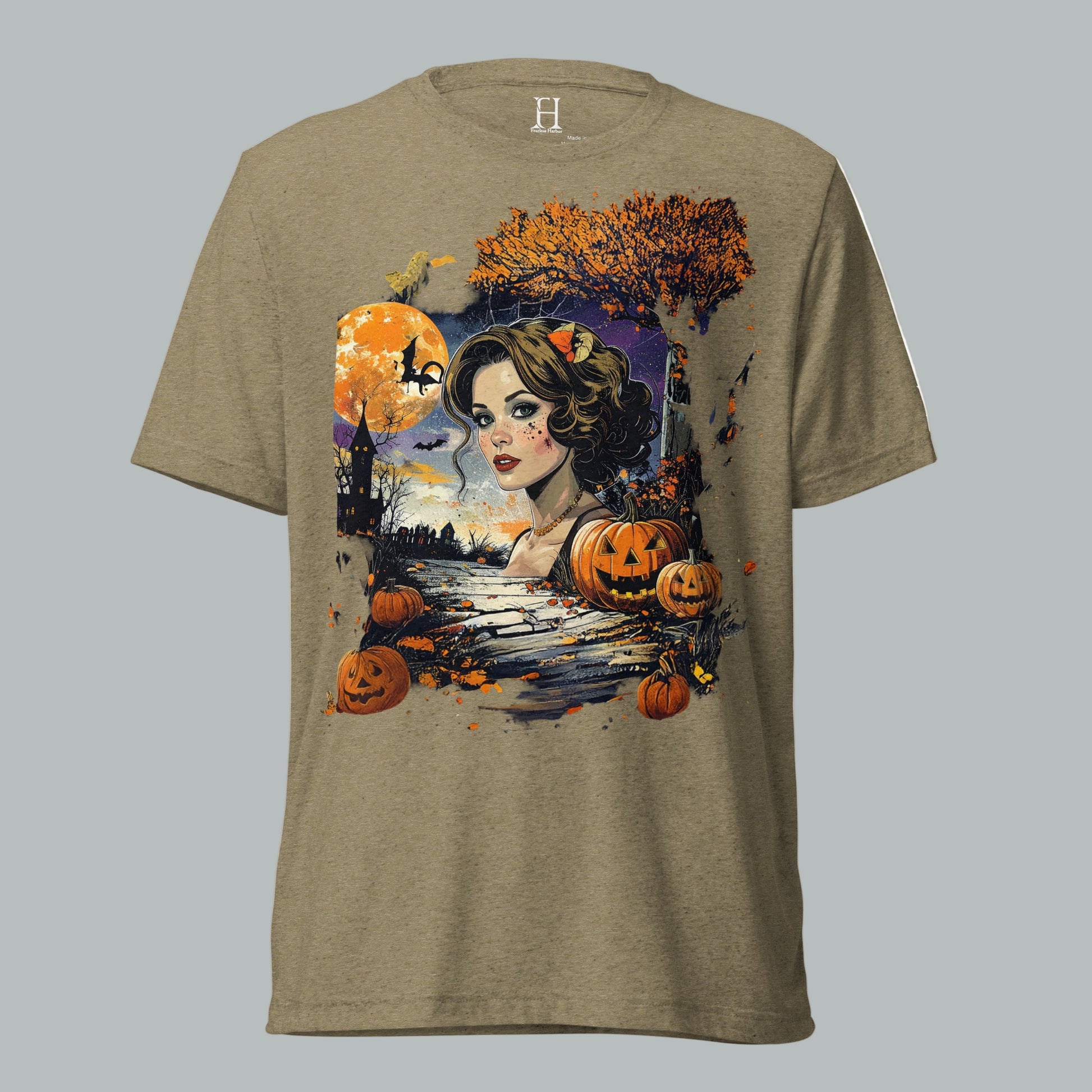 Front view of Shadowed Siren Glow Tee in Olive, featuring vintage haunted glowing siren design for Halloween.