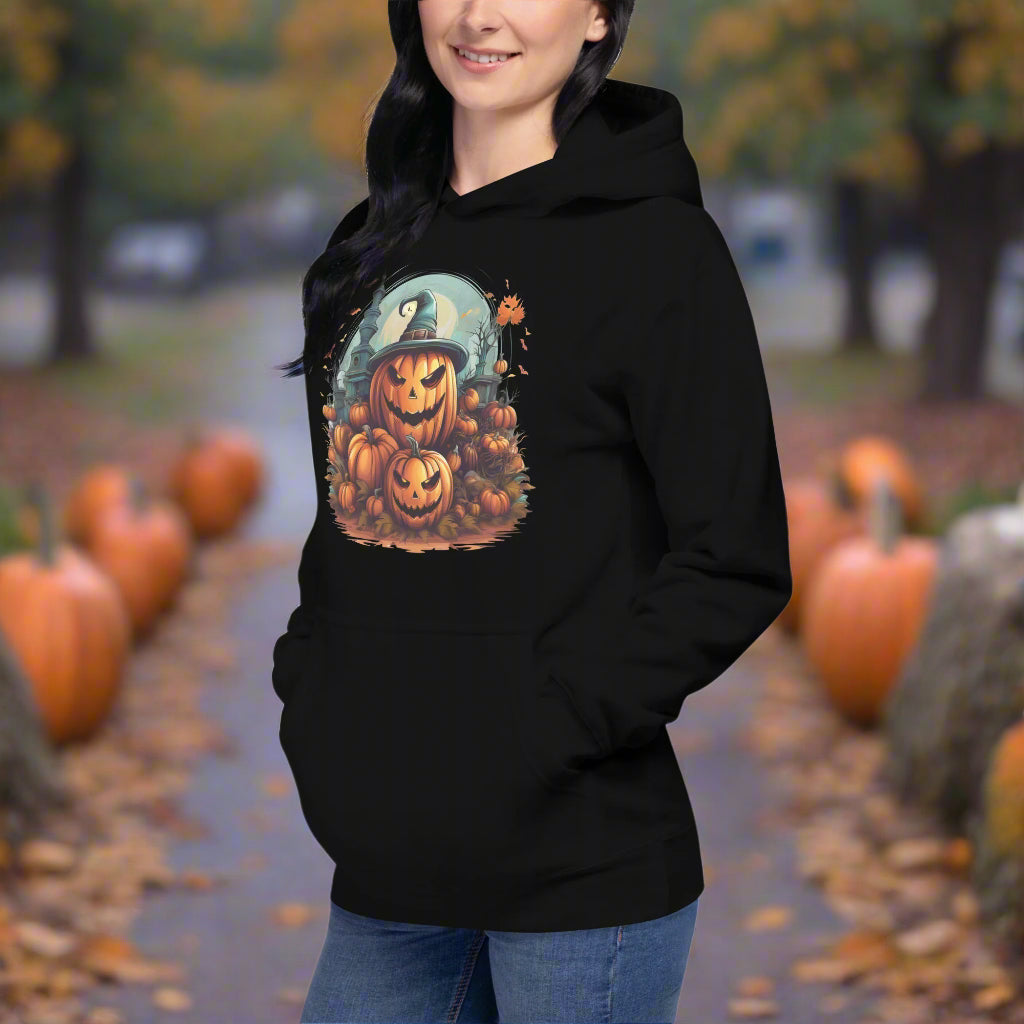 Front view of woman wearing Fearless Harbor Spooky Pumpkin Patch Hoodie in black featuring spooky jack-o-lantern design.
