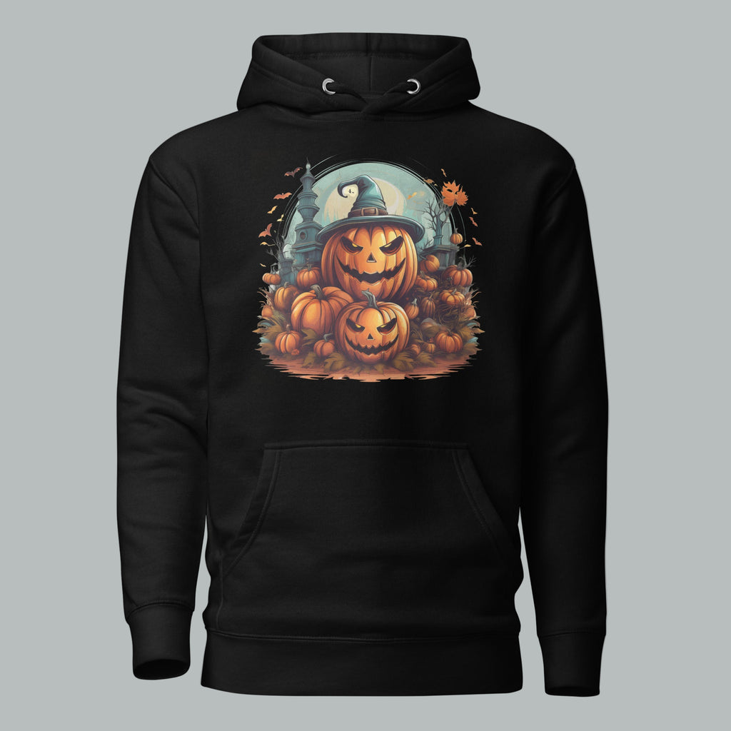 Front view of Fearless Harbor Spooky Pumpkin Patch Hoodie in Charcoal Heather, featuring spooky pumpkin design.