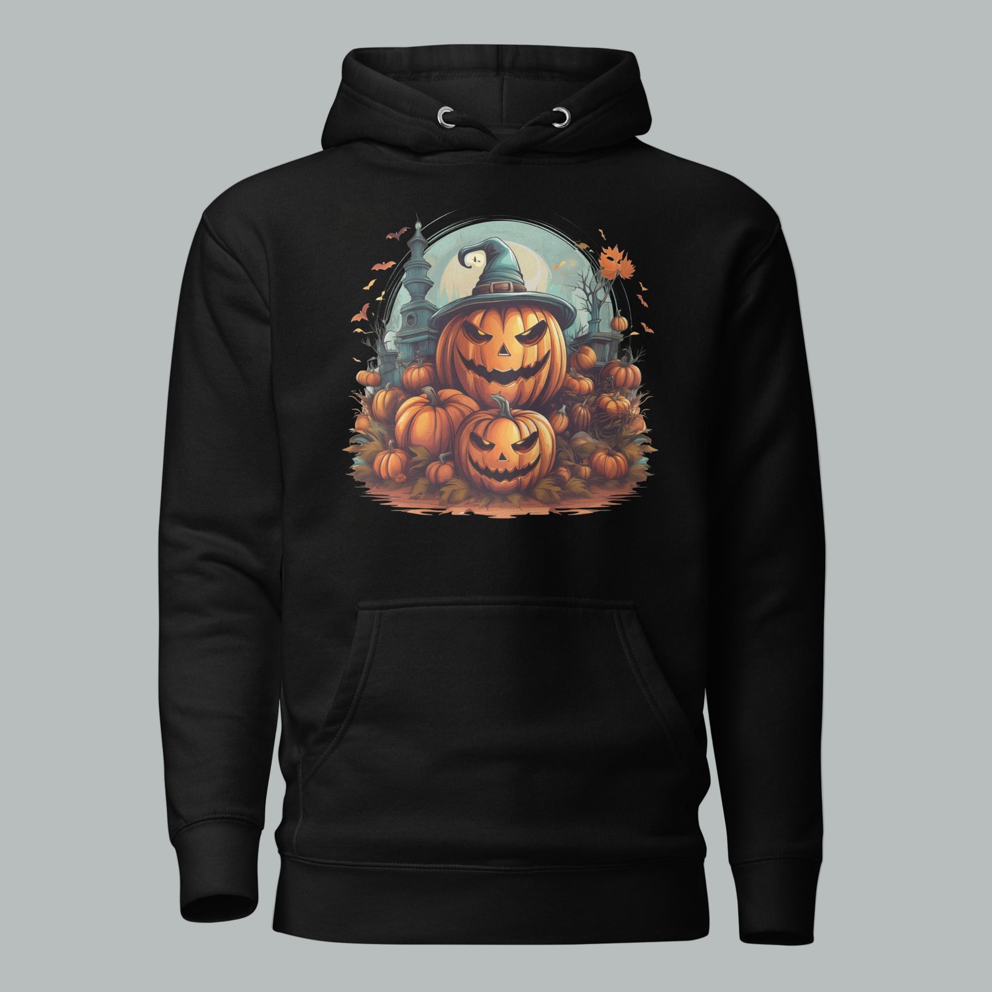 Front view of Fearless Harbor Spooky Pumpkin Patch Hoodie in Charcoal Heather, featuring spooky pumpkin design.