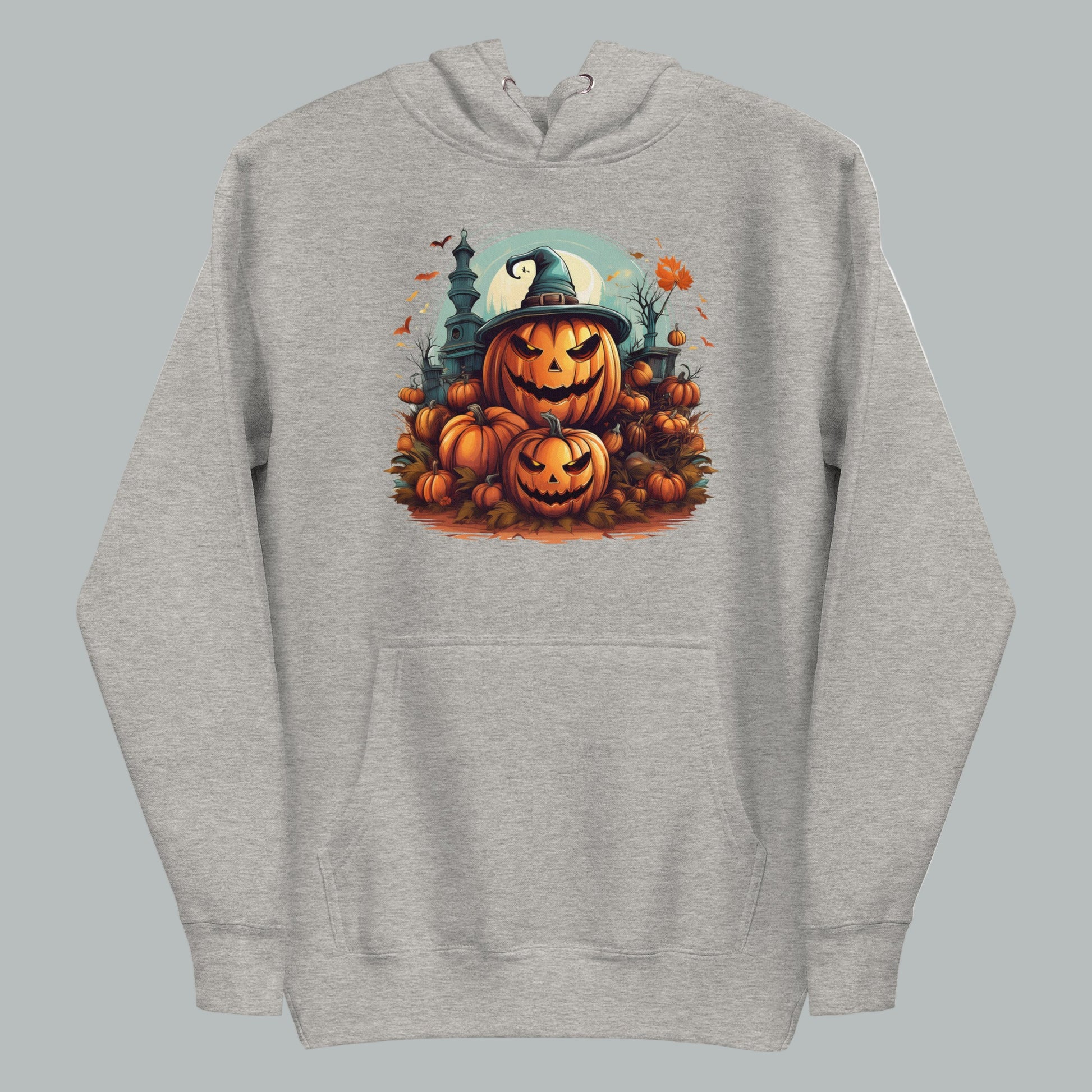 Front view of Fearless Harbor Spooky Pumpkin Patch Hoodie in Carbon Grey, featuring spooky pumpkin design.