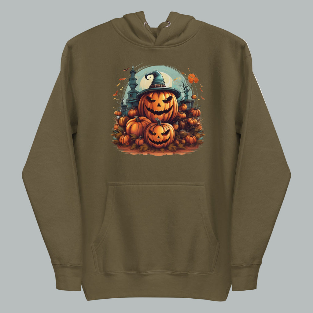 Front view of Fearless Harbor Spooky Pumpkin Patch Hoodie in Military Green, featuring spooky pumpkin design.