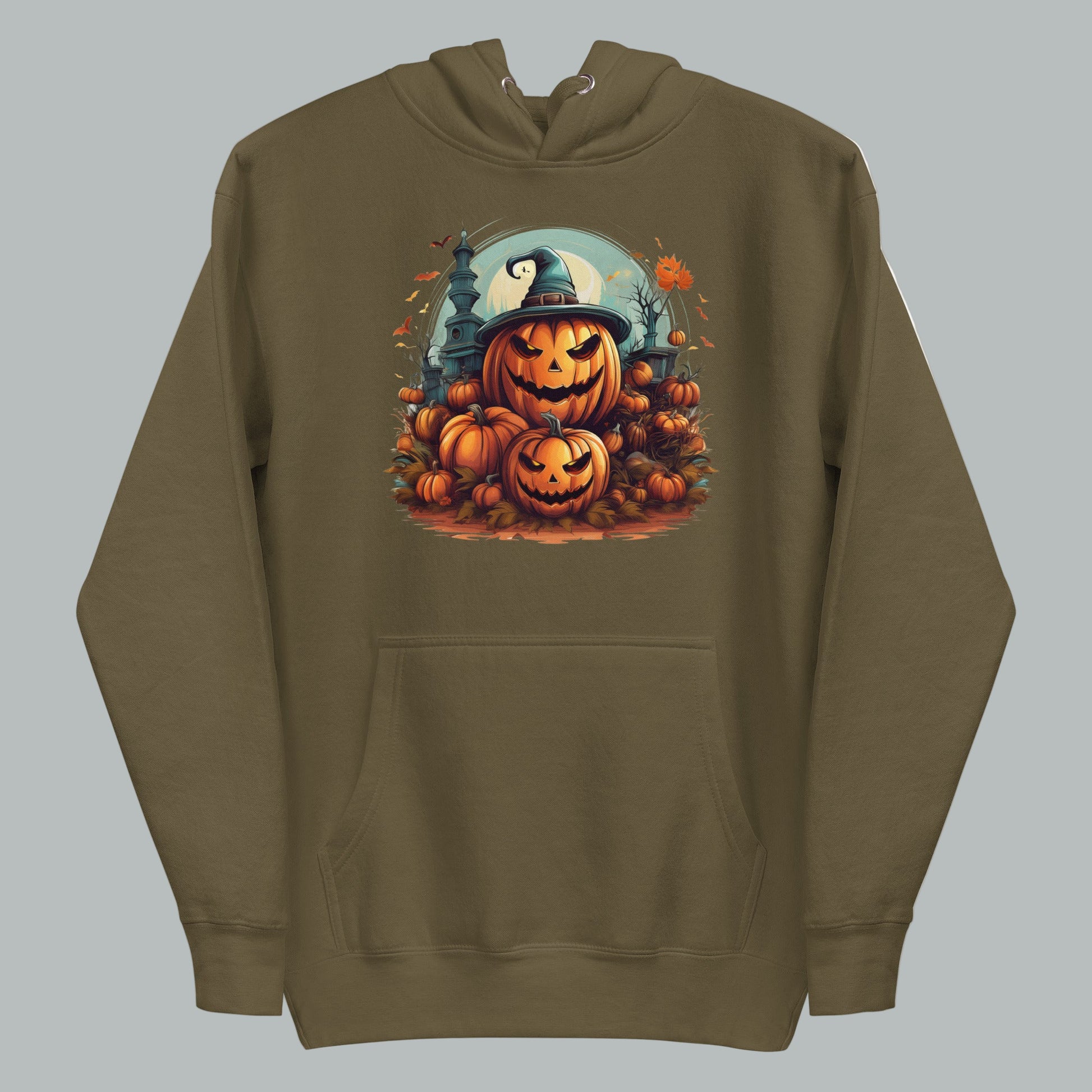 Front view of Fearless Harbor Spooky Pumpkin Patch Hoodie in Military Green, featuring spooky pumpkin design.