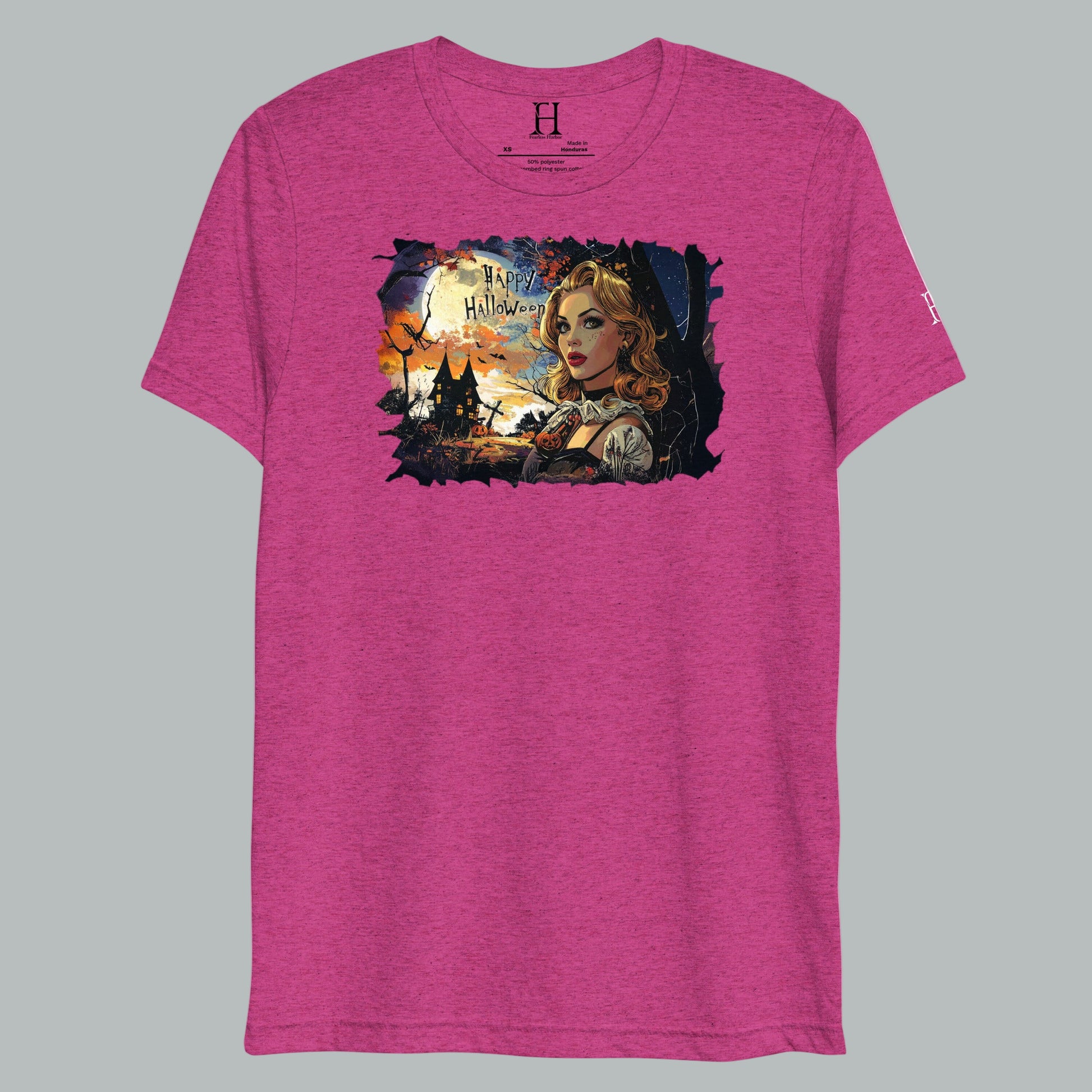 Front view of Fearless Harbor Twilight Haunt Beauty Tee in Berry, featuring vintage haunted twilight design for Halloween.