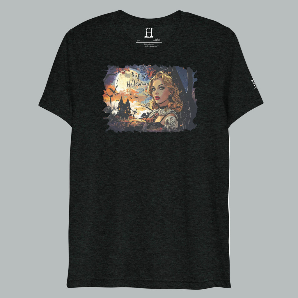 Front view of Fearless Harbor Twilight Haunt Beauty Tee in Black, featuring vintage haunted twilight design for Halloween.