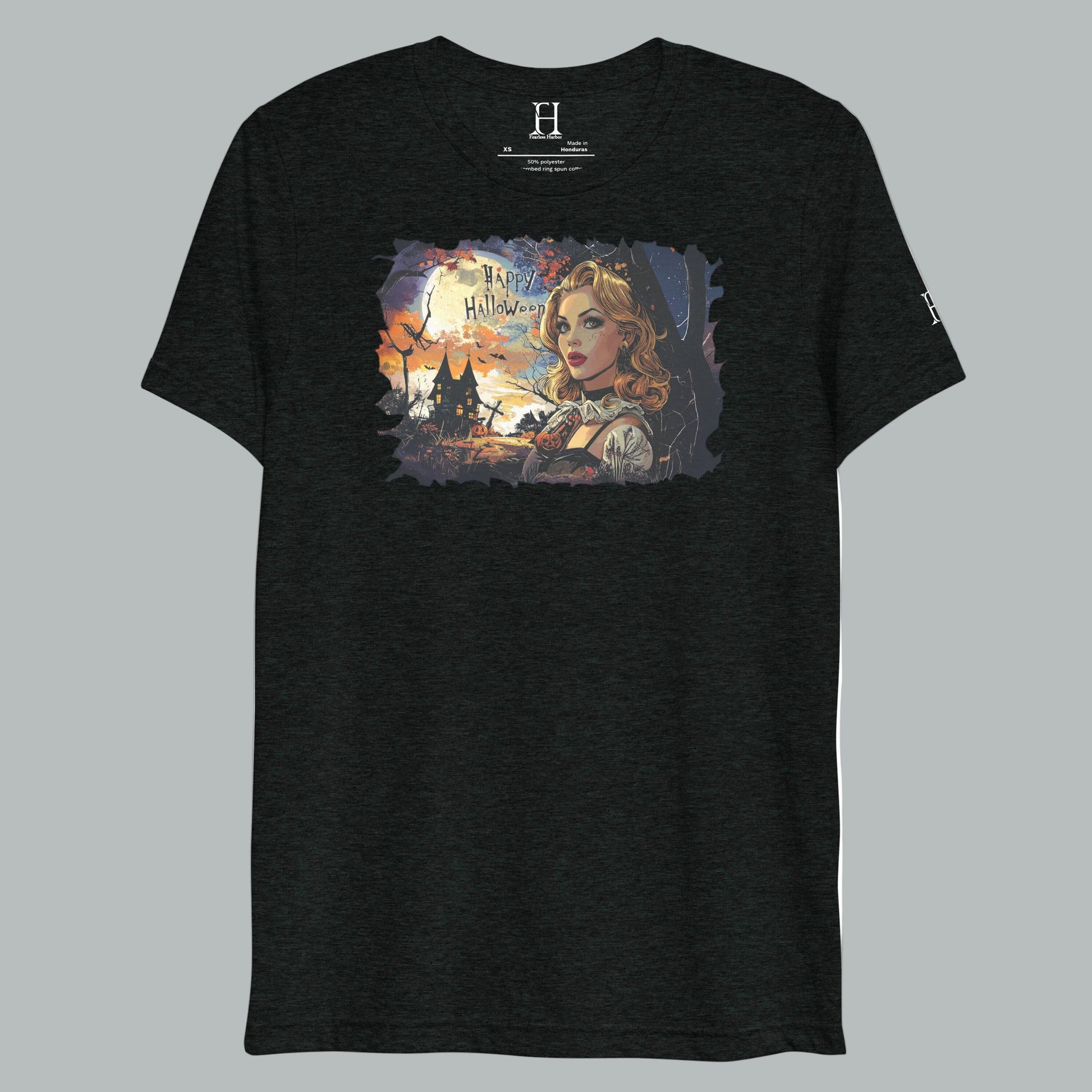 Front view of Fearless Harbor Twilight Haunt Beauty Tee in Black, featuring vintage haunted twilight design for Halloween.