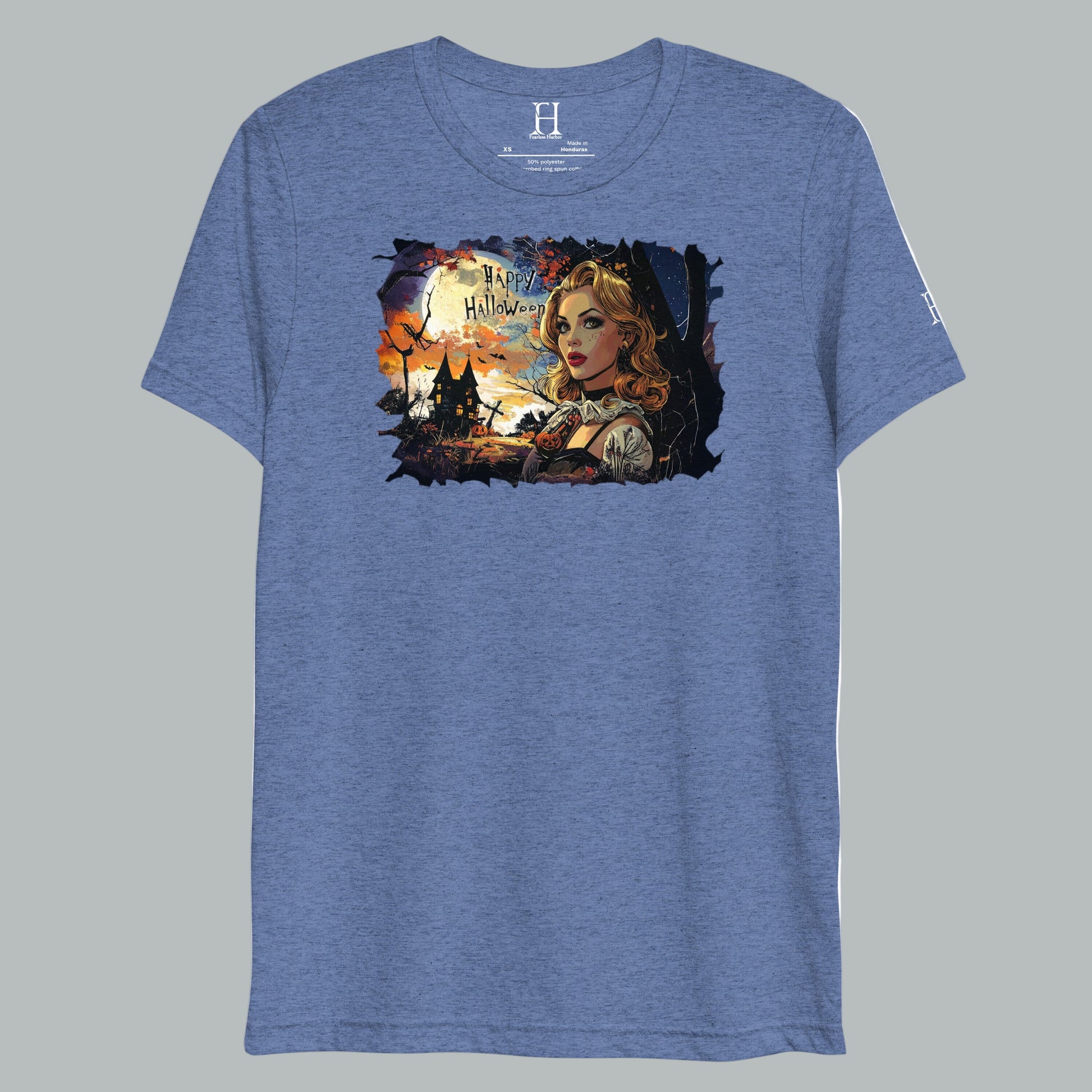 Front view of Fearless Harbor Twilight Haunt Beauty Tee in Blue, featuring vintage haunted twilight design for Halloween.