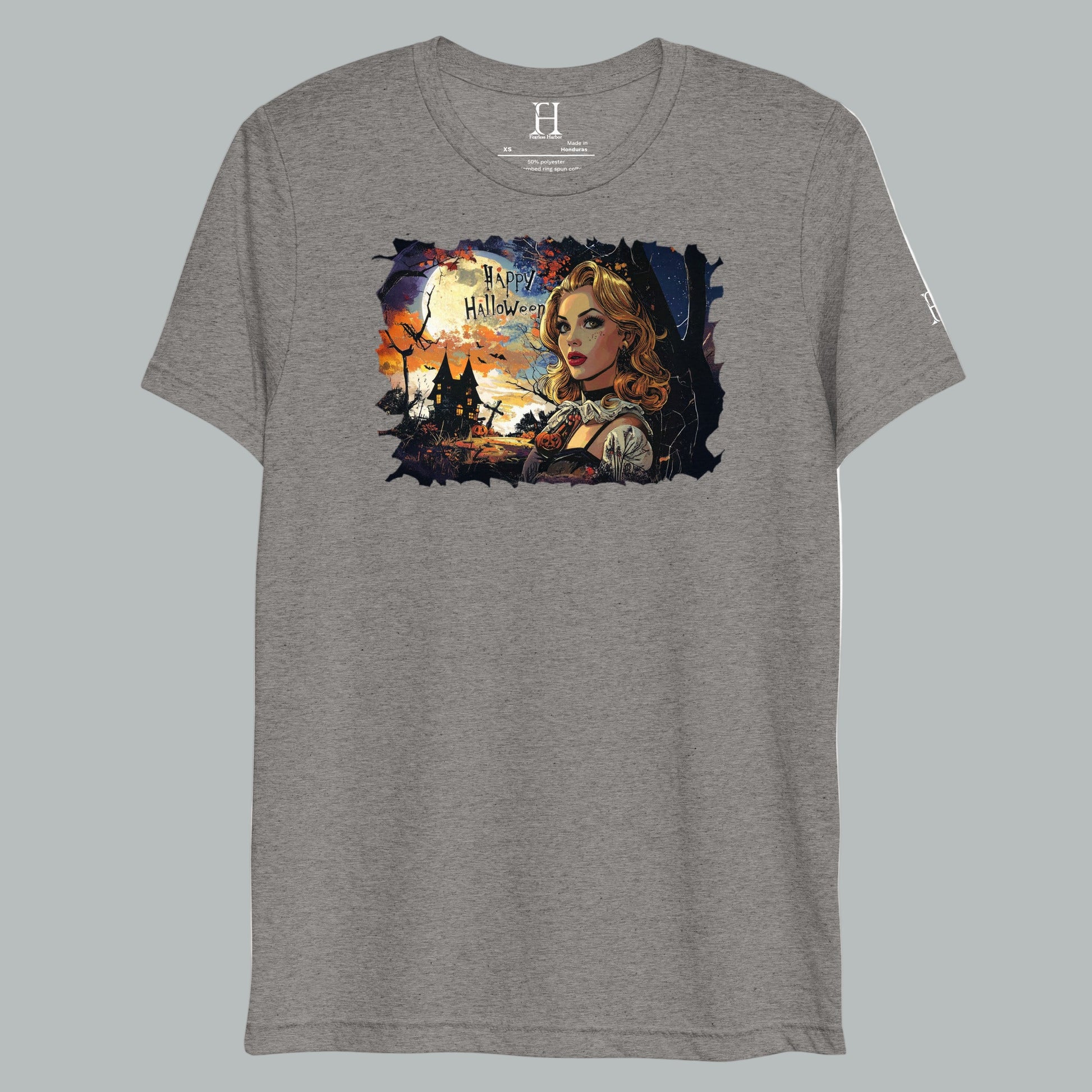 Front view of Fearless Harbor Twilight Haunt Beauty Tee in Grey, featuring vintage haunted twilight design for Halloween.
