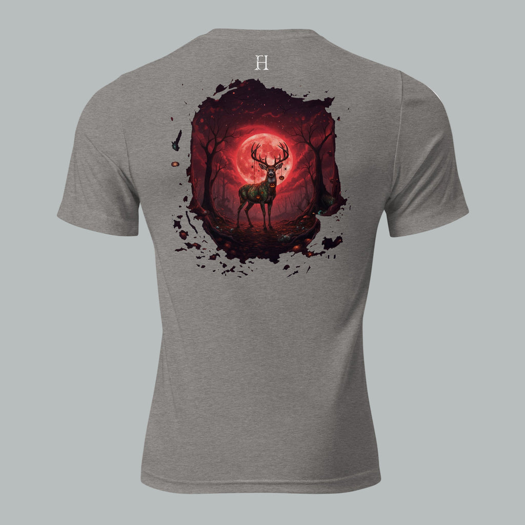 Back view of Fearless Harbor Under the Blood Moon Tee in Grey, highlighting blood-red buck camo design.