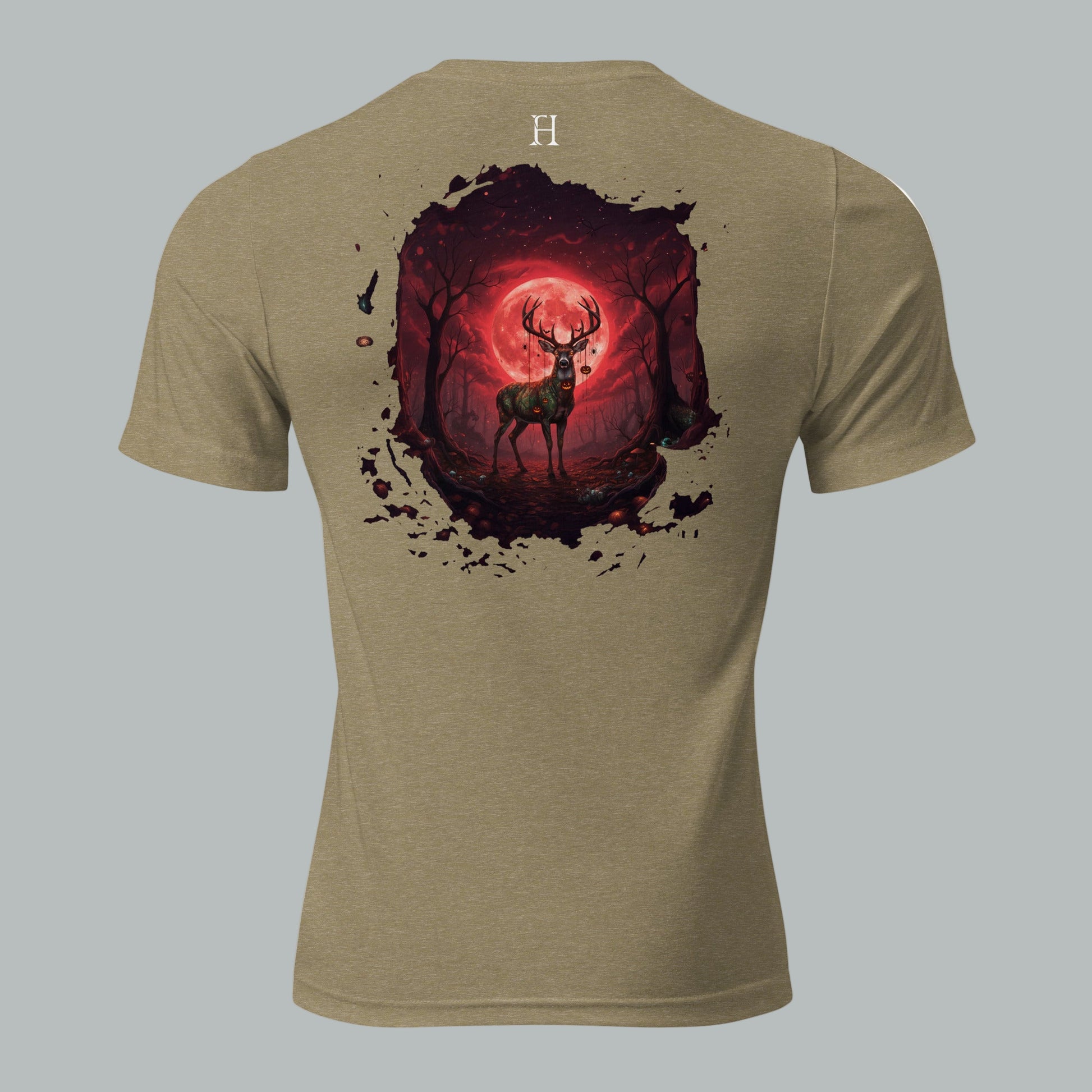 Back view of Fearless Harbor Under the Blood Moon Tee in Olive, highlighting blood-red buck camo design.
