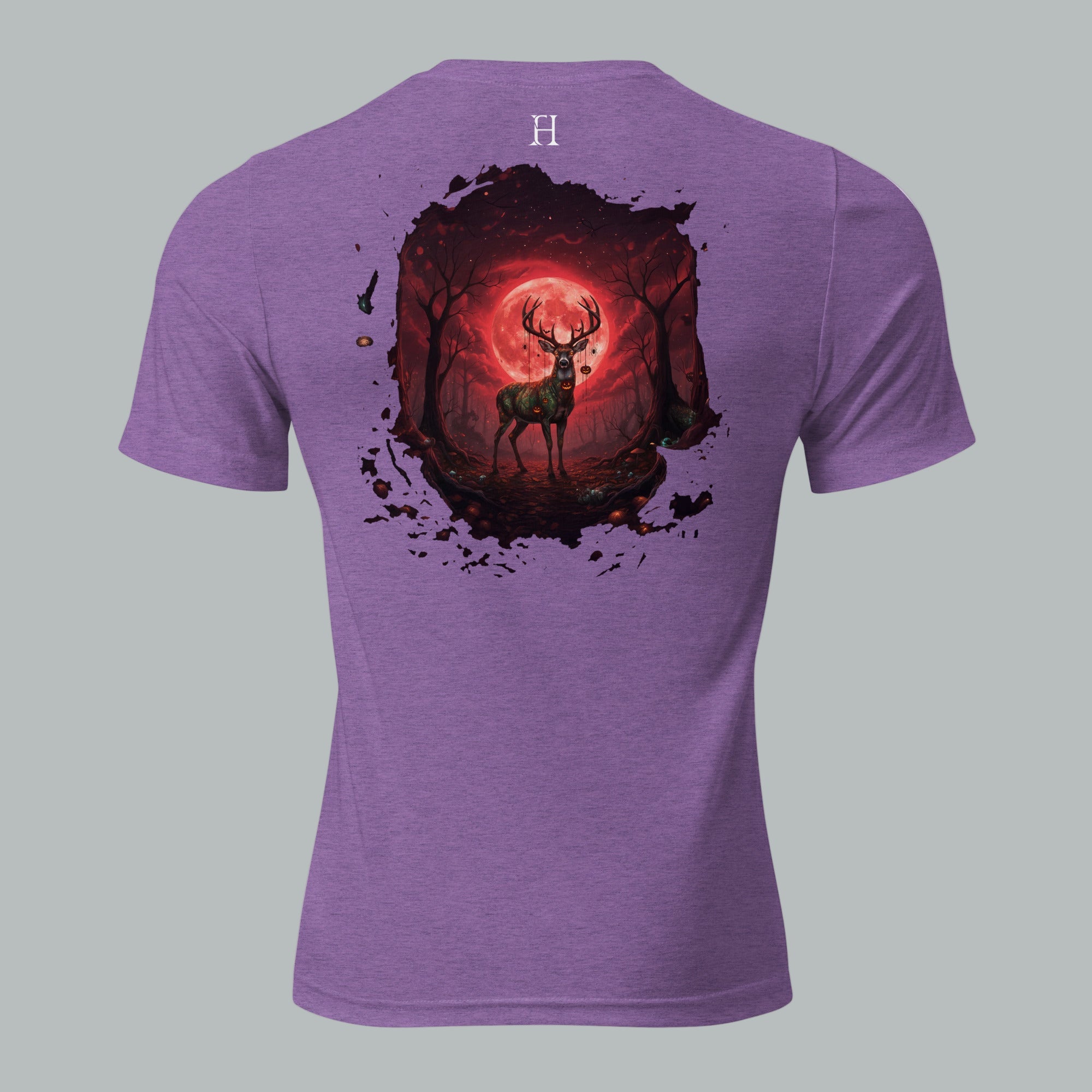 Back view of Fearless Harbor Under the Blood Moon Tee in Purple, highlighting blood-red buck camo design.