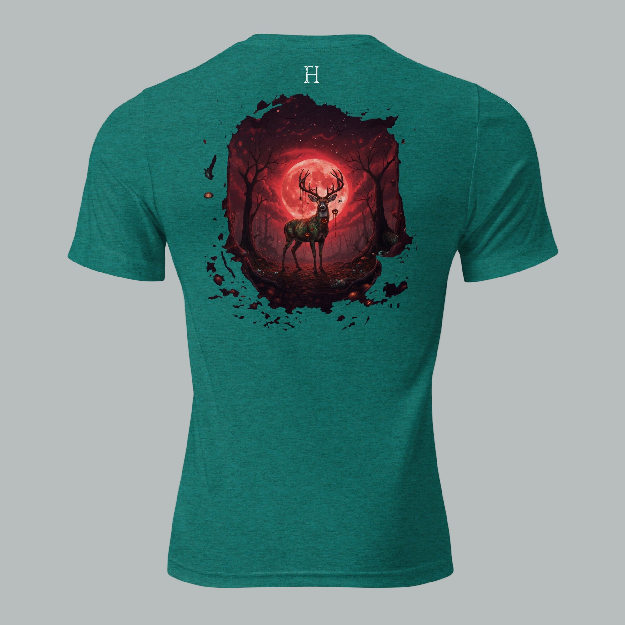 Back view of Fearless Harbor Under the Blood Moon Tee in Teal, highlighting blood-red buck camo design.