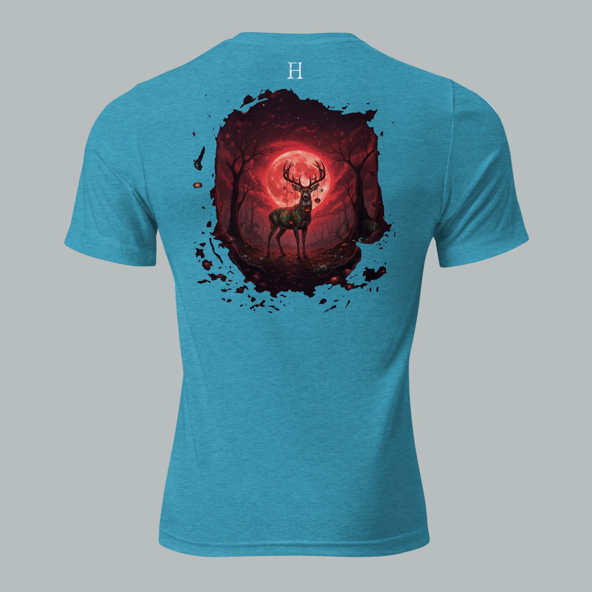 Back view of Fearless Harbor Under the Blood Moon Tee in Aqua, highlighting blood-red buck camo design.