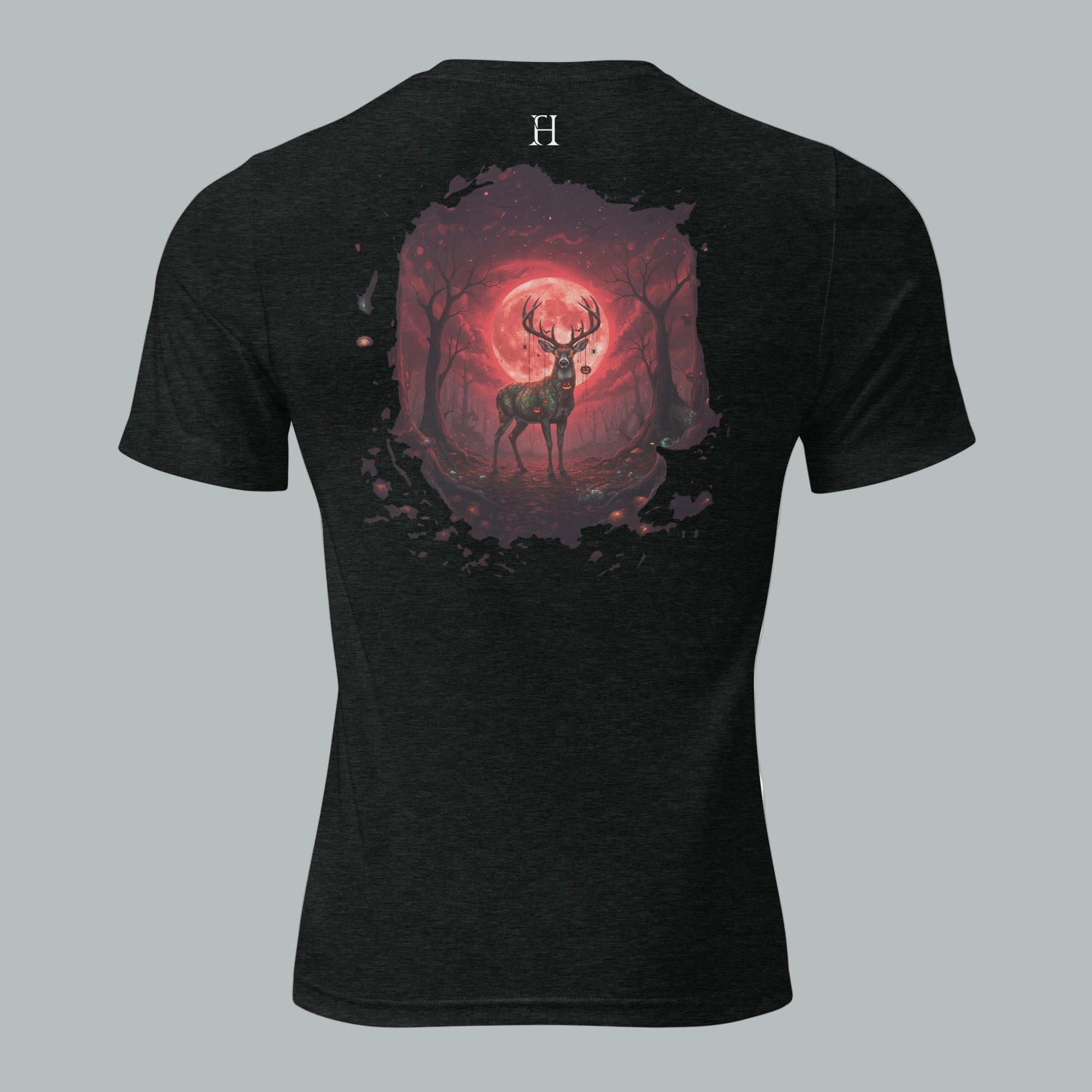 Back view of Fearless Harbor Under the Blood Moon Tee in Charcoal Black, highlighting blood-red buck camo design.