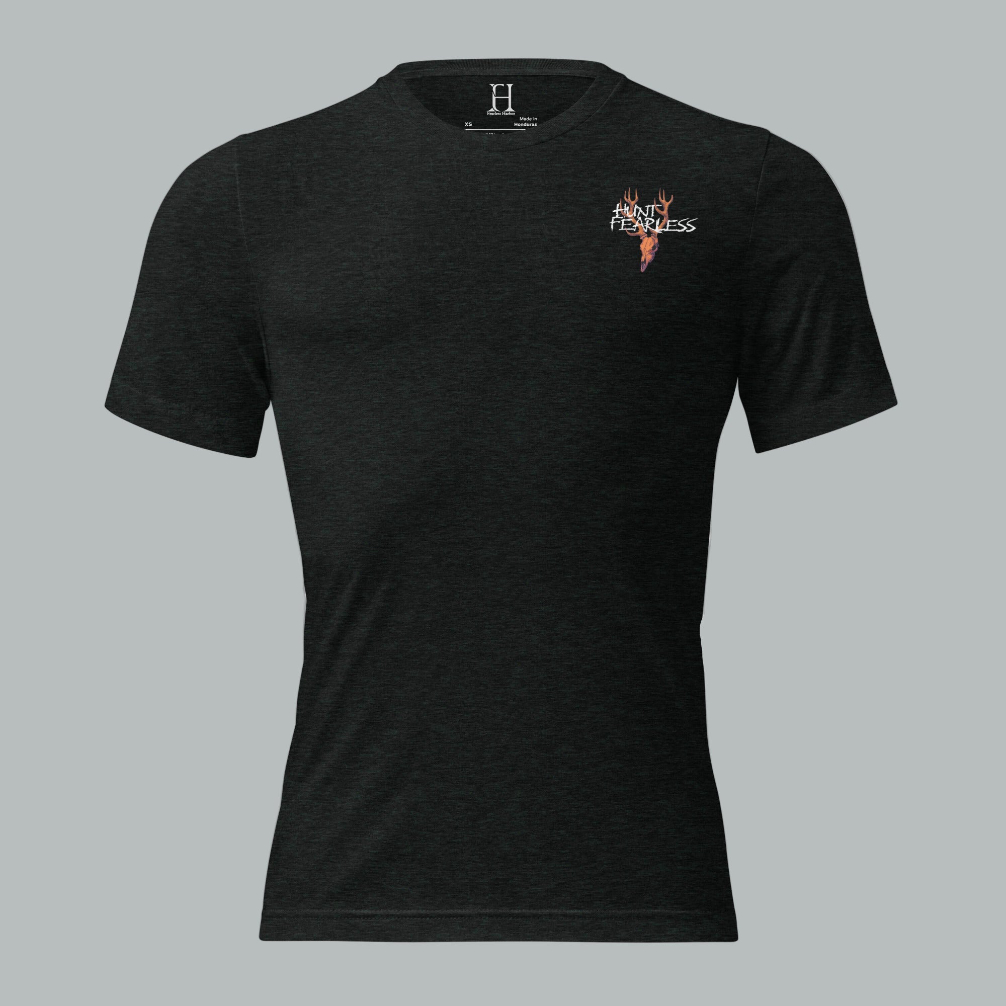 Front view of Fearless Harbor Under the Blood Moon Tee in Charcoal Black, featuring Hunt Fearless logo for Halloween.