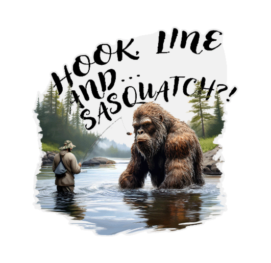 Die cut sticker featuring a fisherman snagged on sasquatch, with the bold text "Hook, Line, Sasquatch!?" perfect for outdoor enthusiasts.