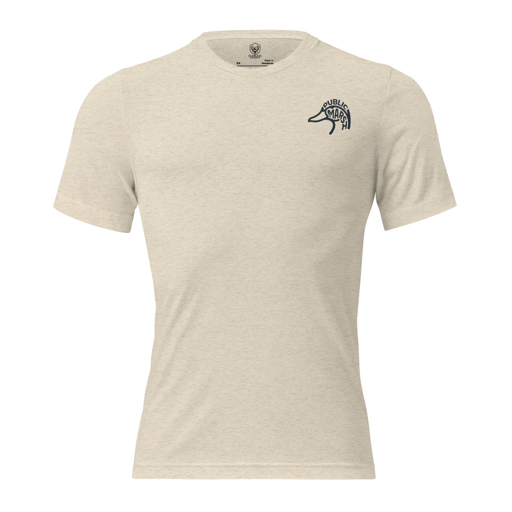 Men's Migration Lines Goose Tee in Oatmeal Triblend with Public Marsh chest emblem