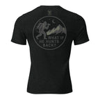 Mens charcoal black triblend bigfoot hunting shirt showing What If He Hunts Back back graphic with bigfoot silhouette