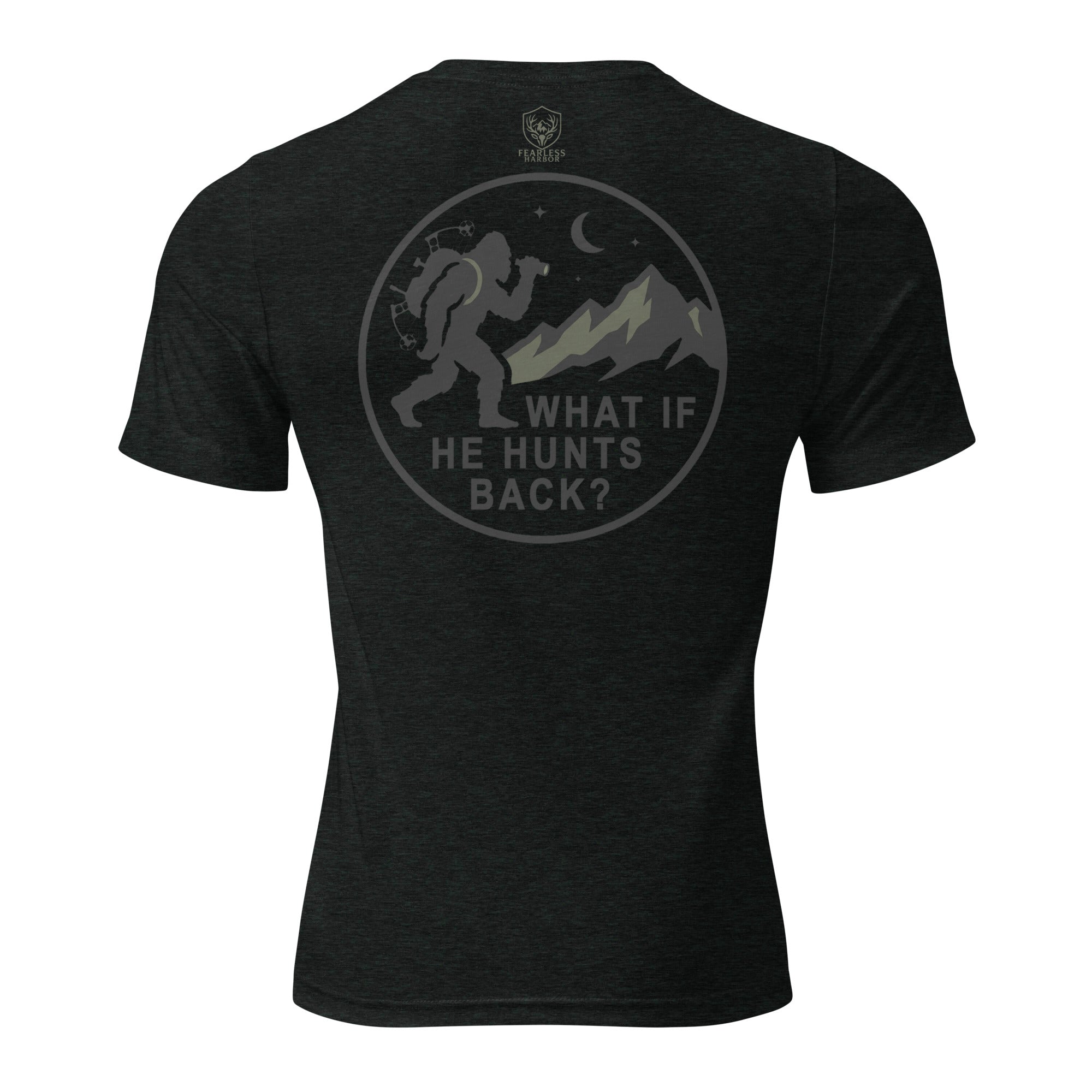 Mens charcoal black triblend bigfoot hunting shirt showing What If He Hunts Back back graphic with bigfoot silhouette