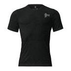 Mens charcoal black triblend bigfoot hunting shirt showing What If He Hunts Back front graphic with bigfoot silhouette