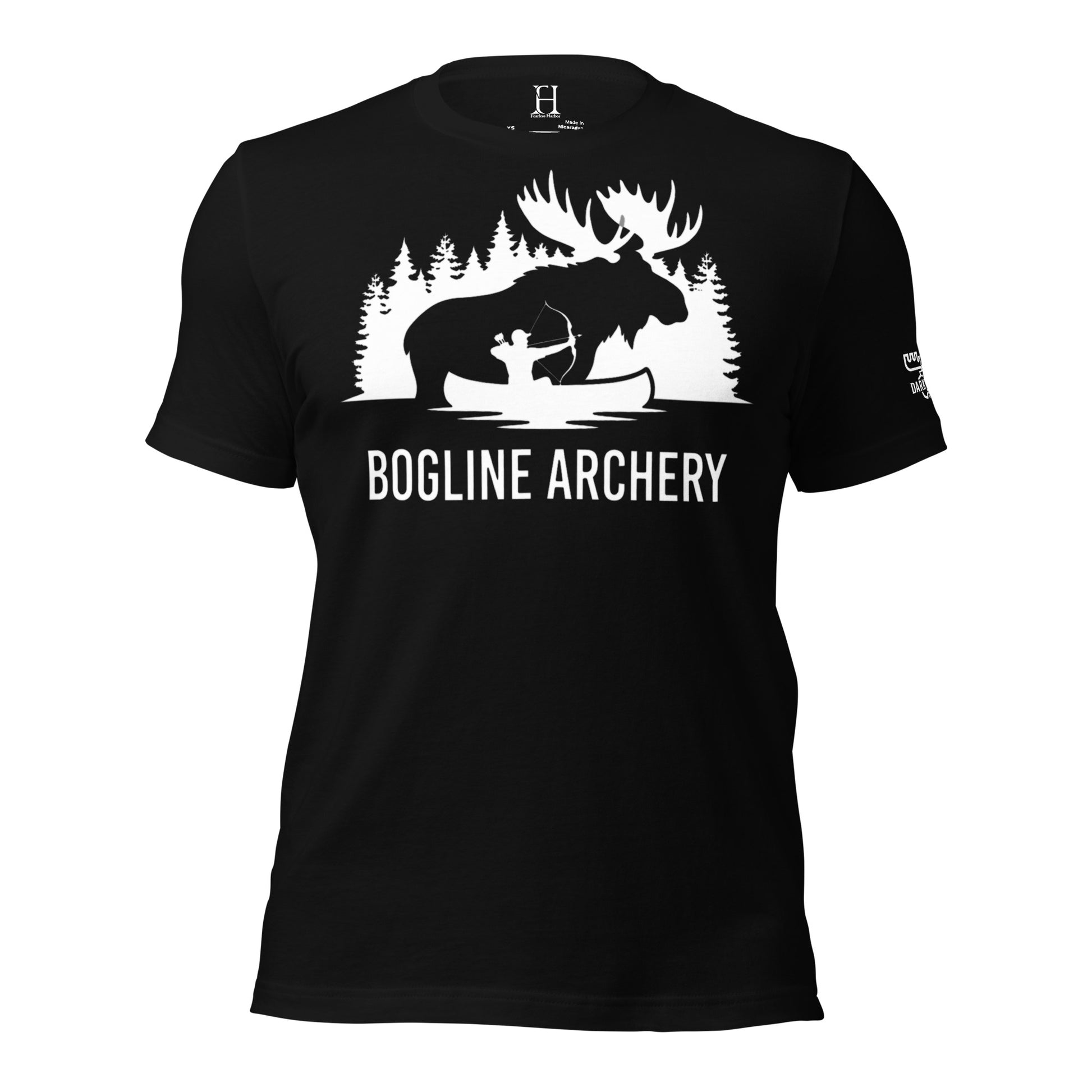 Front view of the Men's Bogline Archery Tee in Black showing the moose and archer graphic