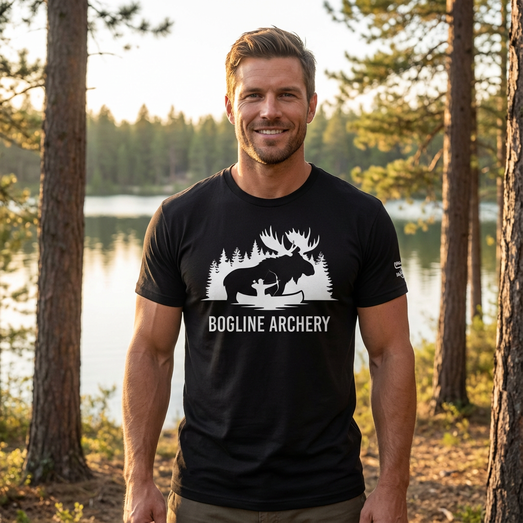 Man outdoors wearing the Men's Bogline Archery Tee in Black front view showing the moose and archer graphic in a field and timber setting