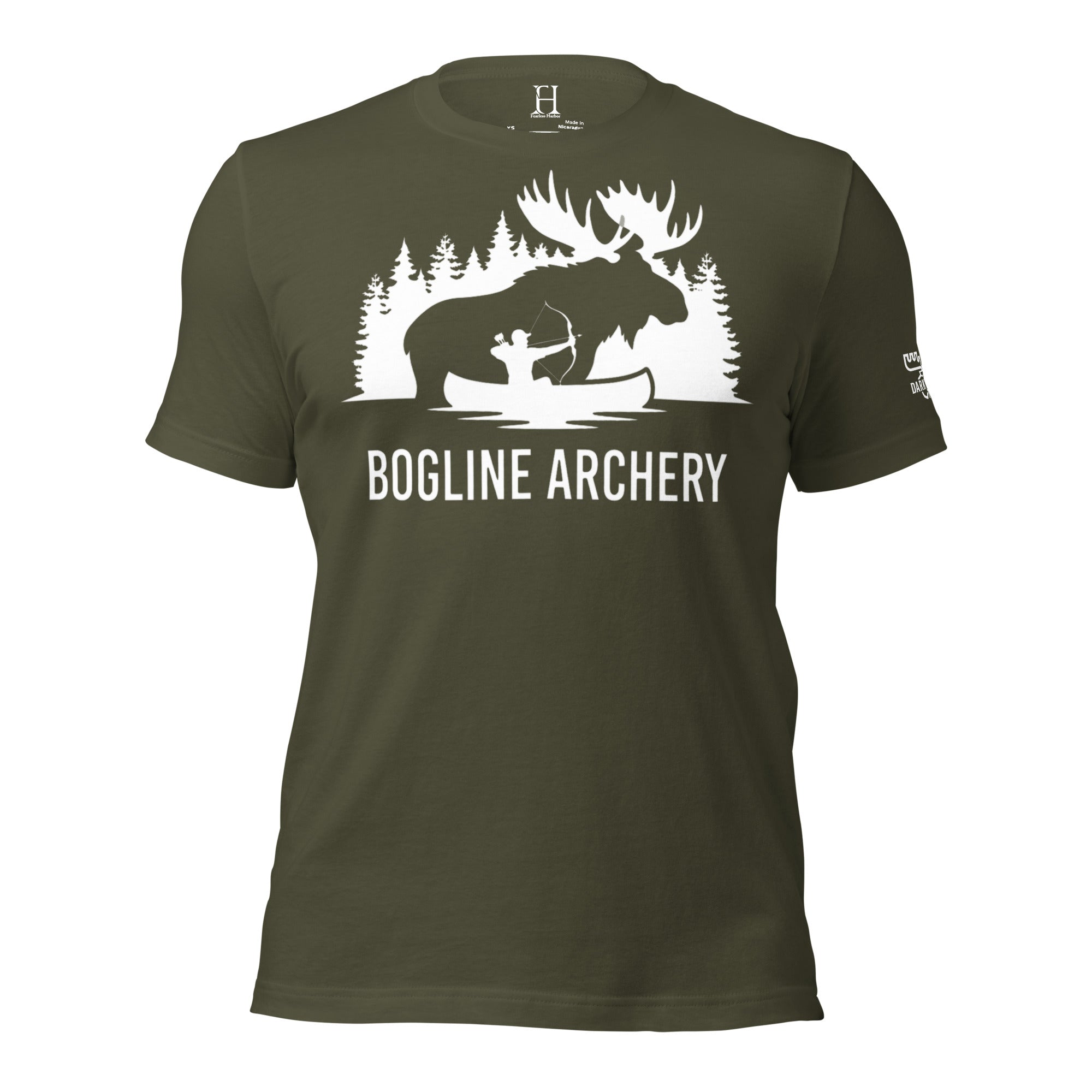 Front view of the Men's Bogline Archery Tee in Military Green with the moose and archer graphic