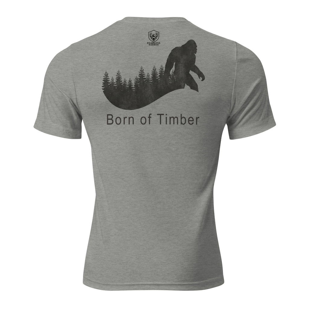 Mens athletic grey triblend Born of Timber bigfoot hunting tee showing bigfoot back graphic