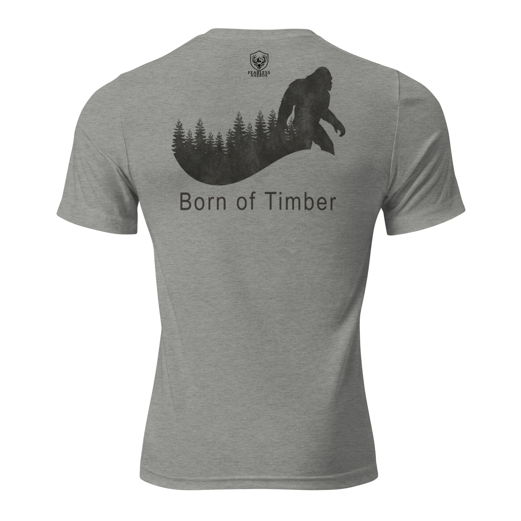 Mens athletic grey triblend Born of Timber bigfoot hunting tee showing bigfoot back graphic