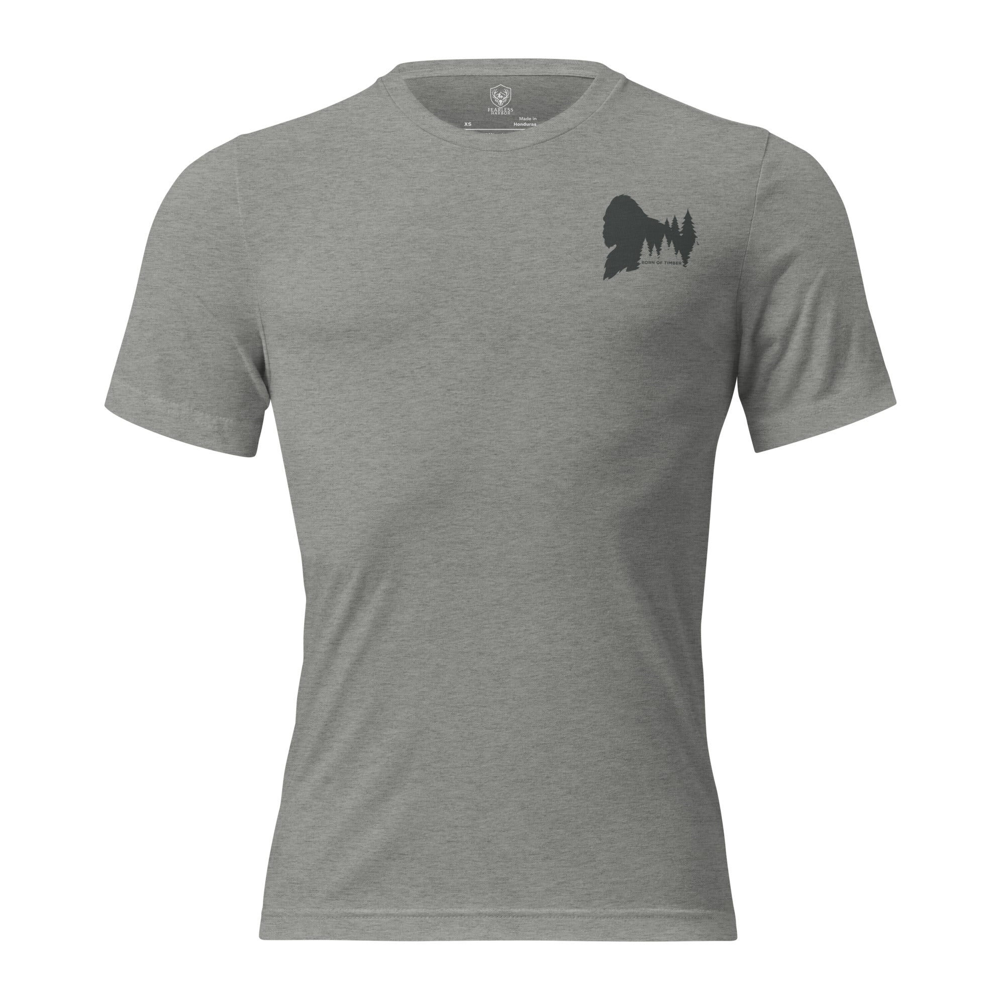 Mens athletic grey triblend Born of Timber bigfoot hunting tee with chest logo