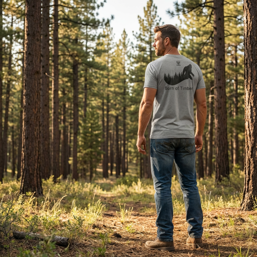 Man outdoors wearing a mens athletic grey triblend Born of Timber bigfoot hunting tee showing bigfoot back graphic