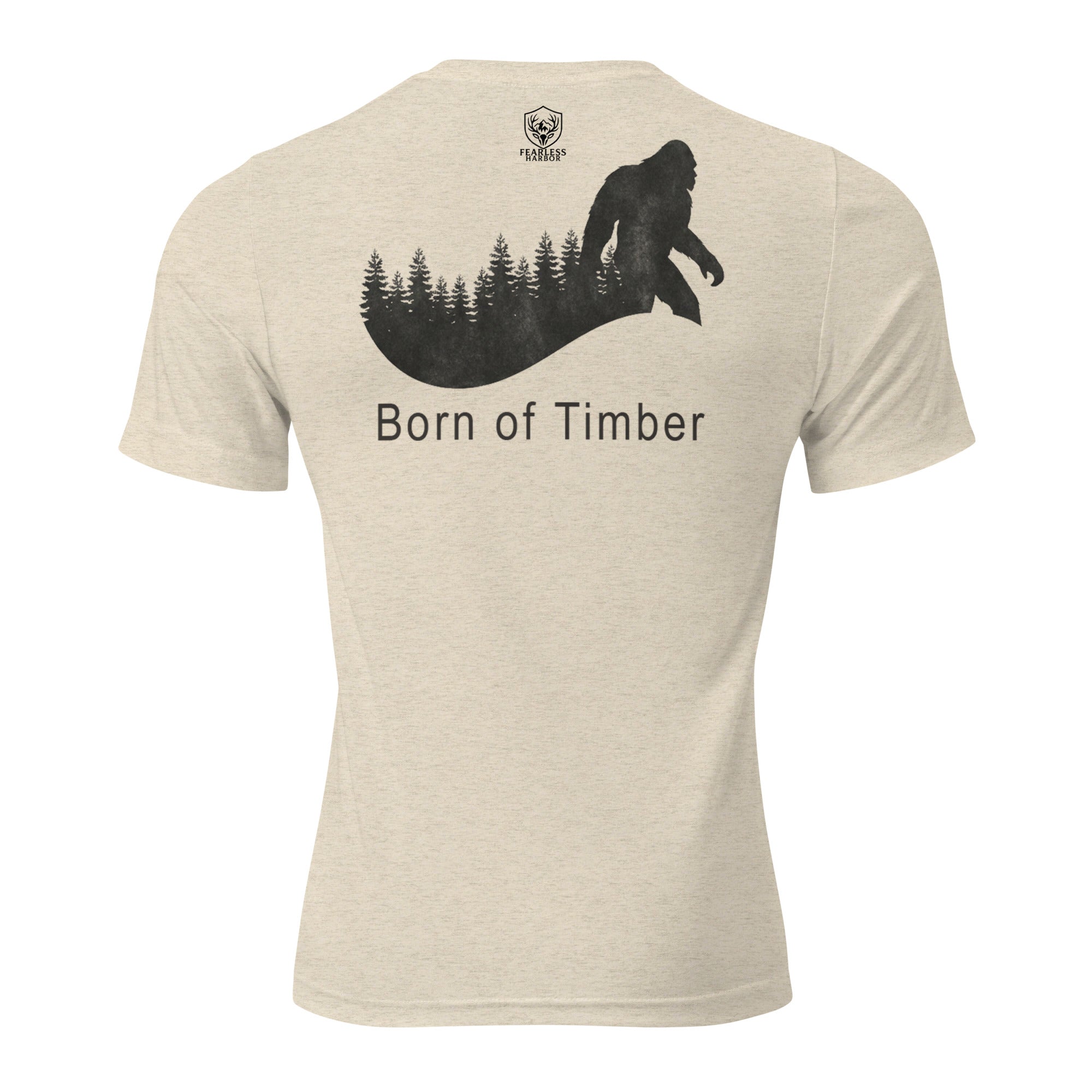 Mens oatmeal triblend Born of Timber bigfoot hunting tee showing bigfoot back graphic