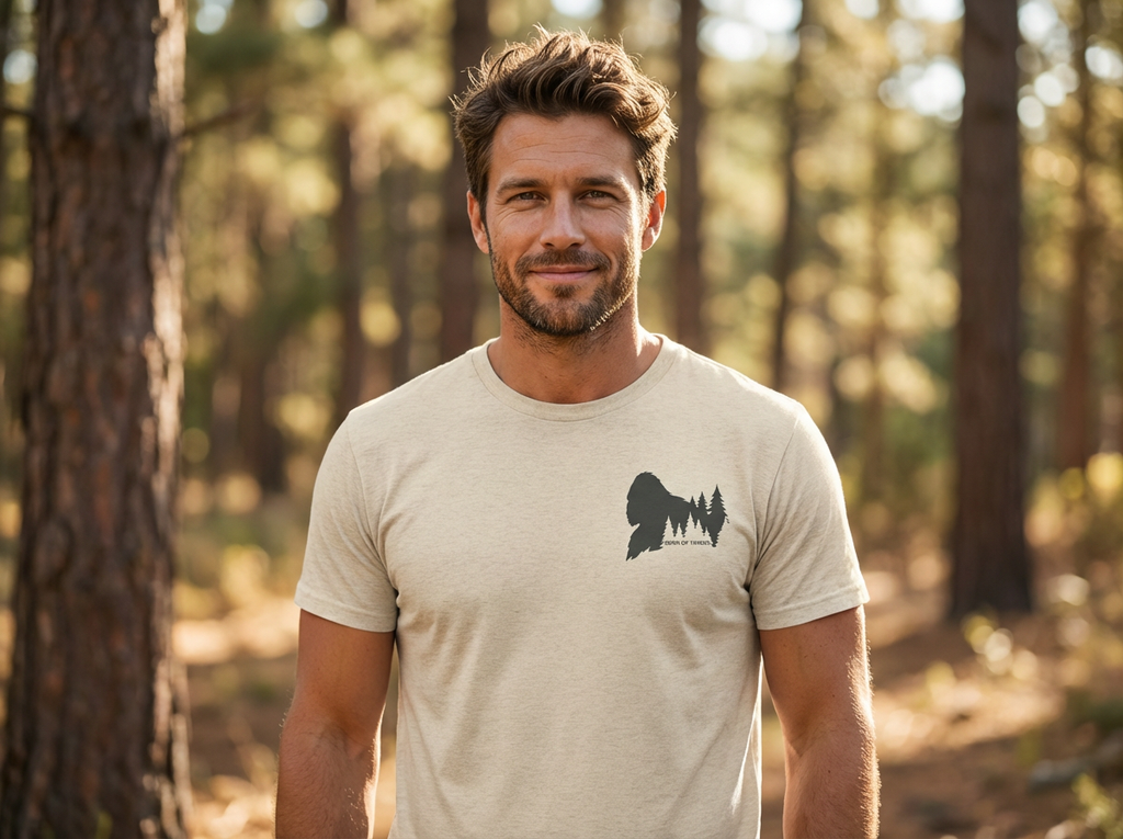 Man outdoors wearing a mens oatmeal triblend Born of Timber bigfoot hunting tee with chest logo