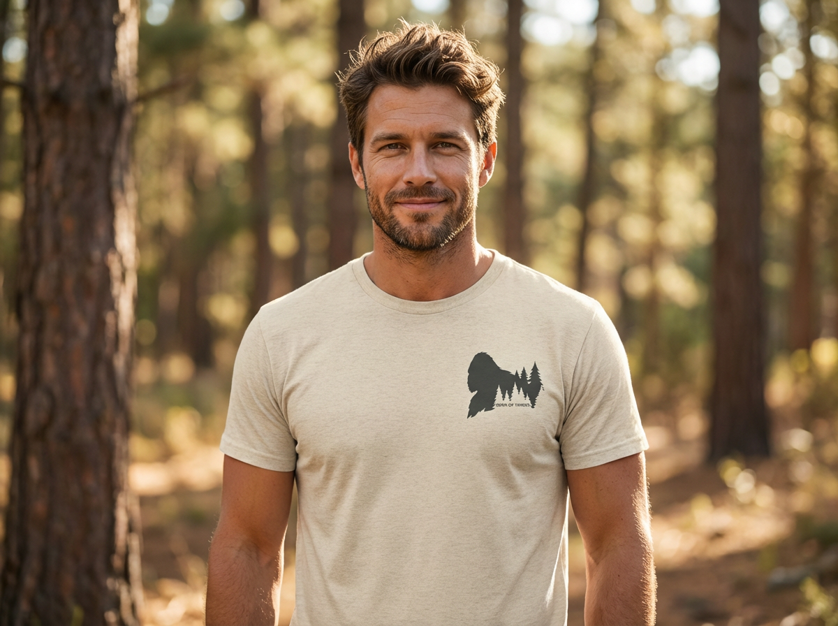 Man outdoors wearing a mens oatmeal triblend Born of Timber bigfoot hunting tee with chest logo