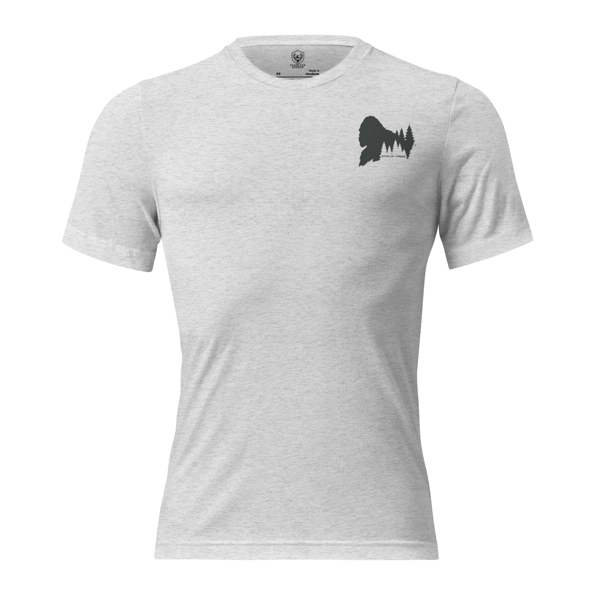 Mens white fleck triblend Born of Timber bigfoot hunting tee with chest logo