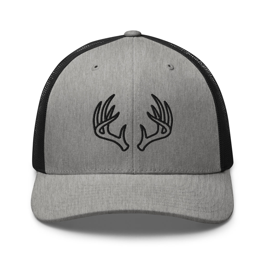 Mens heather black deer hunting trucker hat with Ghost Rack antler logo on the front