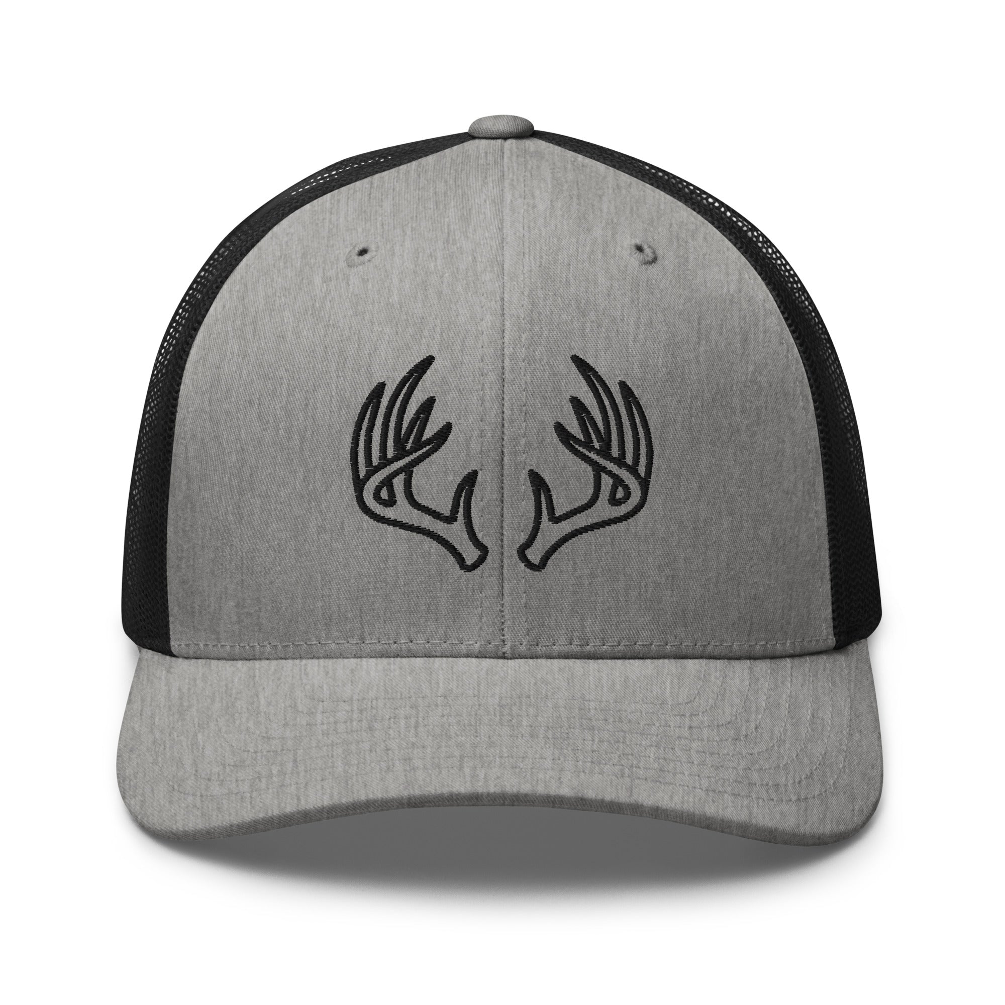 Mens heather black deer hunting trucker hat with Ghost Rack antler logo on the front