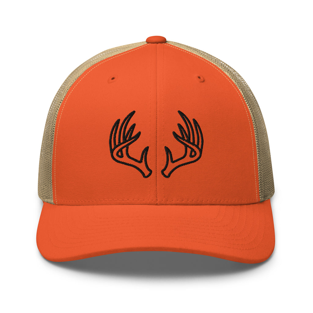 Mens rustic orange deer hunting trucker hat with black Ghost Rack antler logo and khaki mesh back