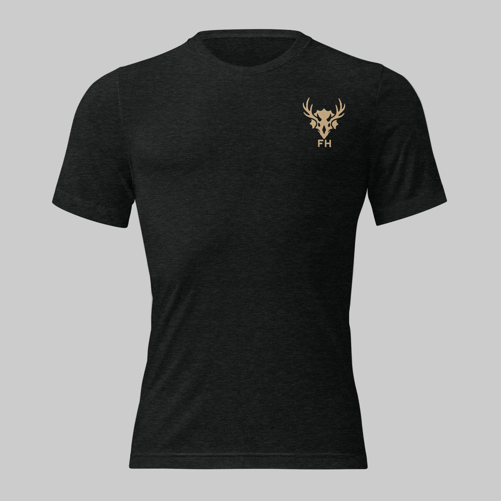 Back view of Fearless Harbor Men's Dino Tag Scout Tee Tee in Charcoal Black, featuring Harbor Antler Skull Badge logo.