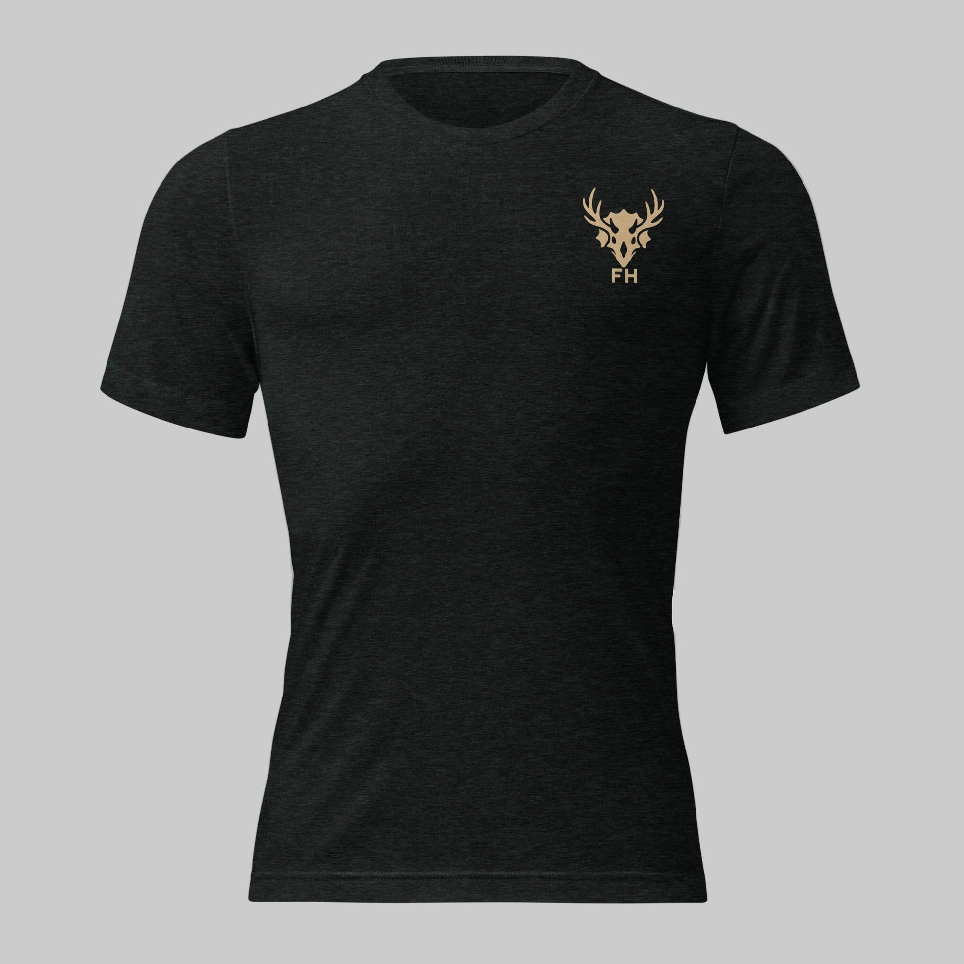 Back view of Fearless Harbor Men's Dino Tag Scout Tee Tee in Charcoal Black, featuring Harbor Antler Skull Badge logo.