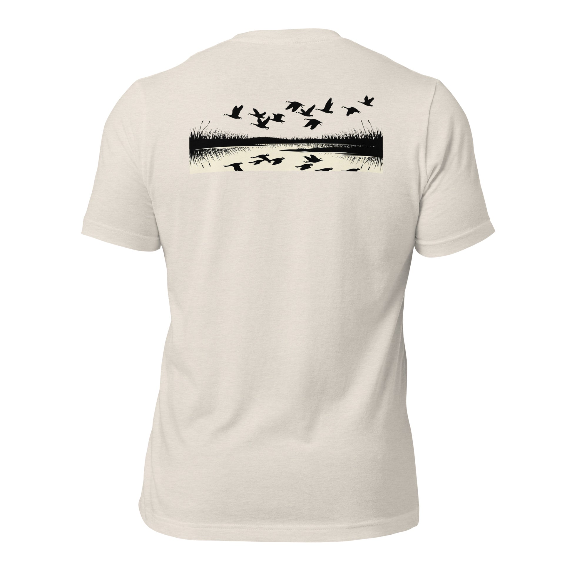Men's Drift Line Goose Tee in Heather Dust featuring flying geese and marsh horizon drift scene