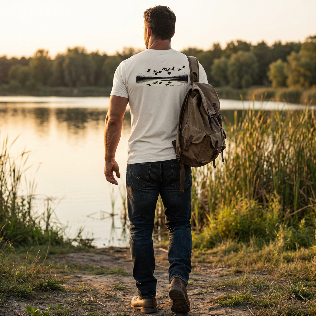 Man outdoors wearing the Men's Drift Line Goose Tee in Heather Dust showing geese drifting over marsh horizon graphic