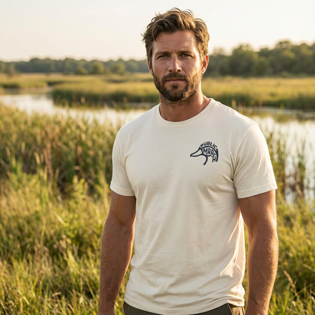Man outdoors wearing the Men's Drift Line Goose Tee in Heather Dust front view with Public Marsh chest emblem