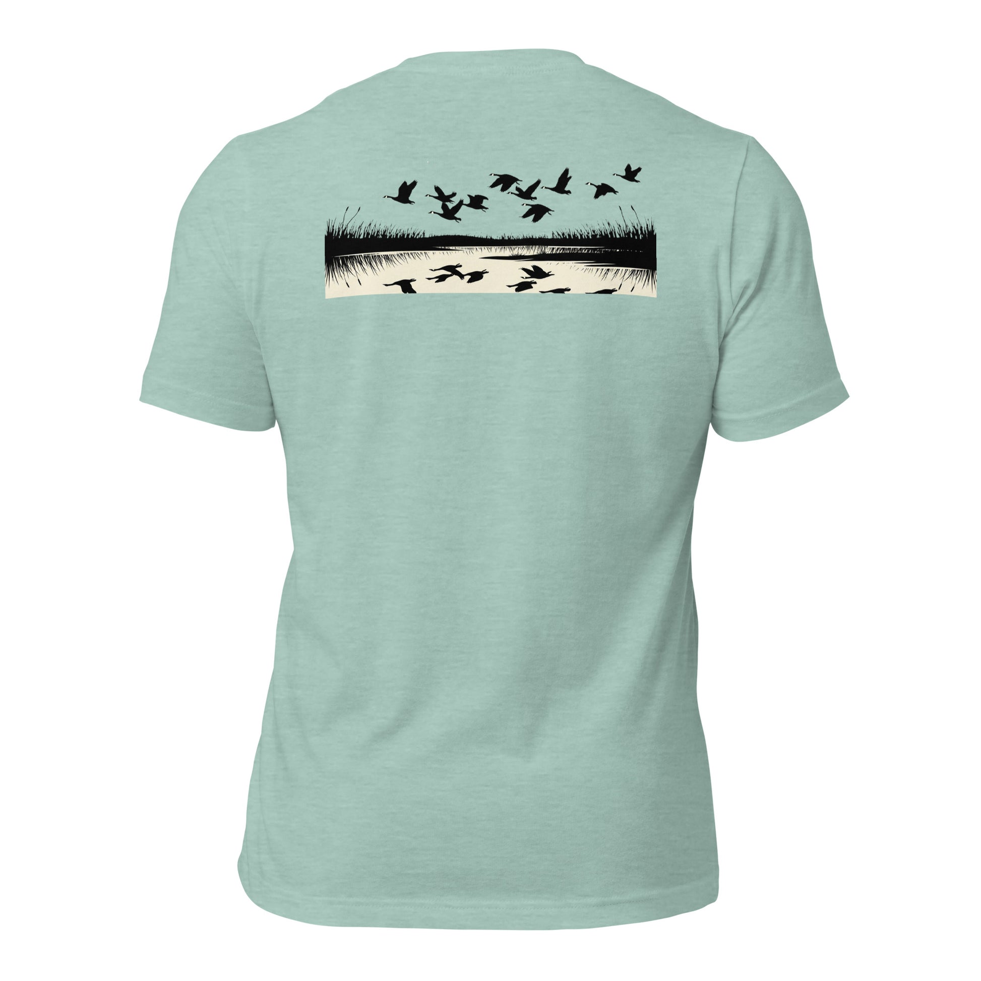 Men's Drift Line Goose Tee in Heather Prism Dusty Blue showing geese drifting over marsh horizon with mirrored reflections