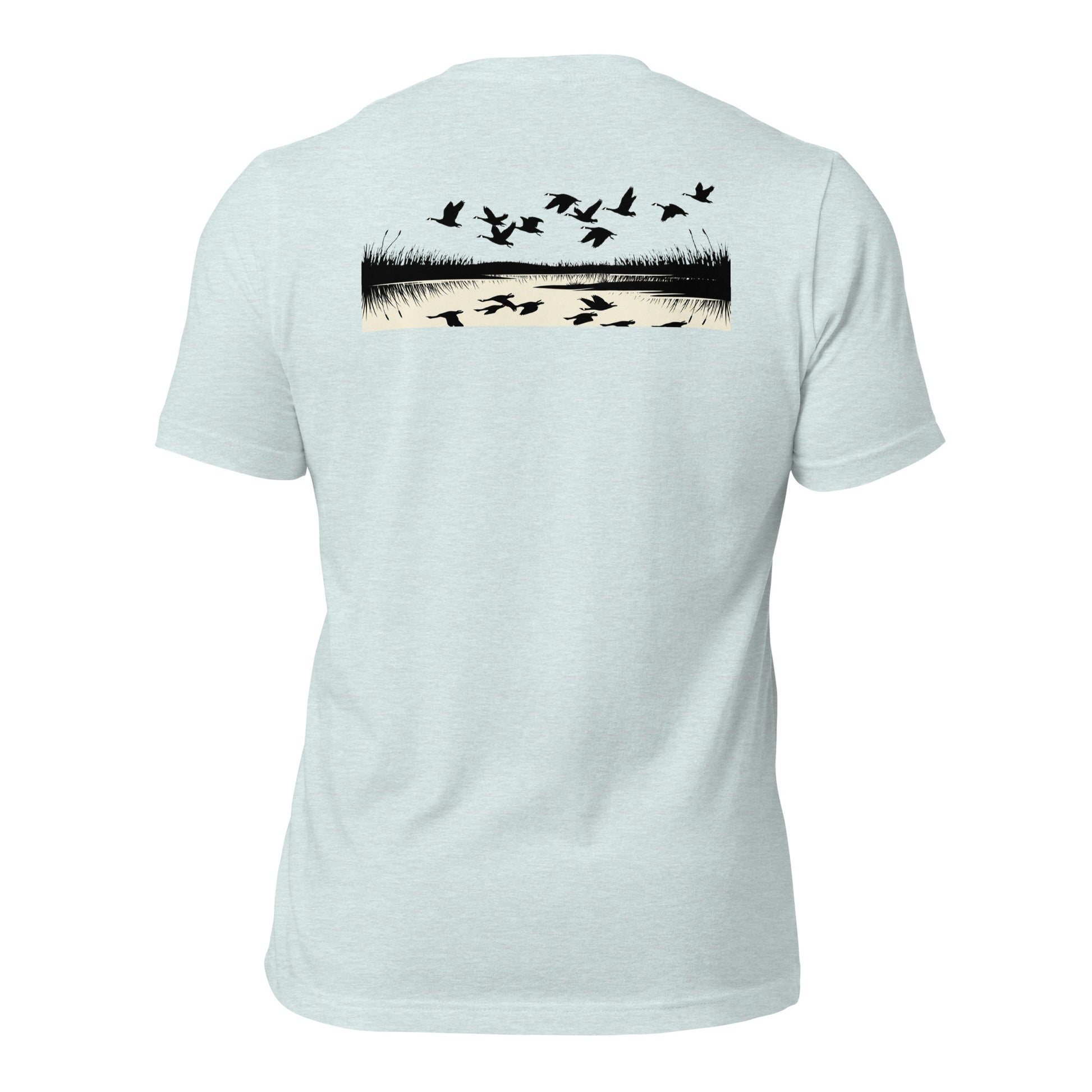 Men's Drift Line Goose Tee in Heather Prism Ice Blue showing geese drifting across marsh grass with mirrored waterline
