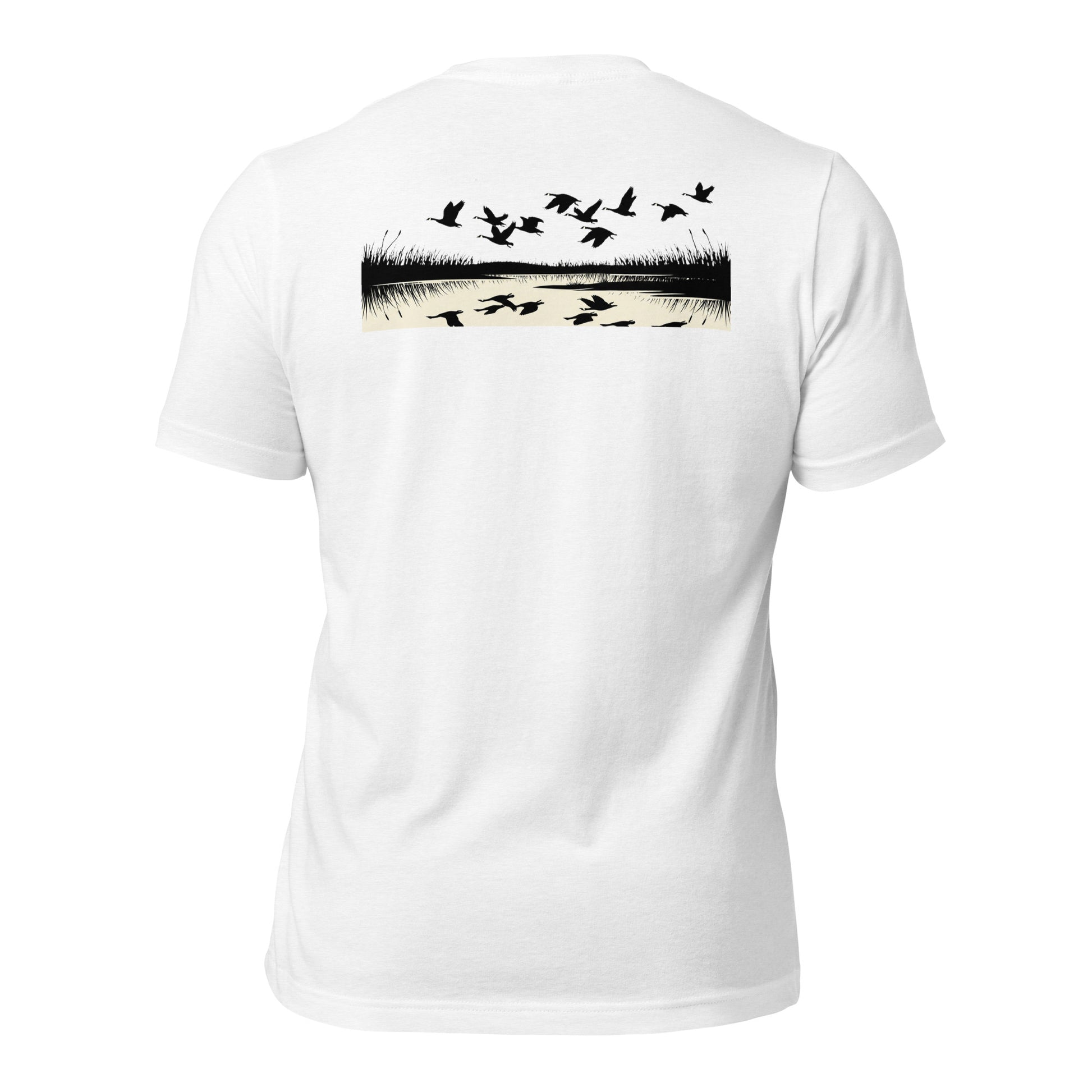 Men's Drift Line Goose Tee in Solid White Blend showing geese flying over marsh horizon with reflection graphic