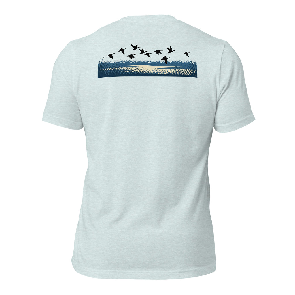 Men's Drift Line Waterfowl Tee in Heather Prism Ice Blue with ducks flying over marsh grass and waterline graphic
