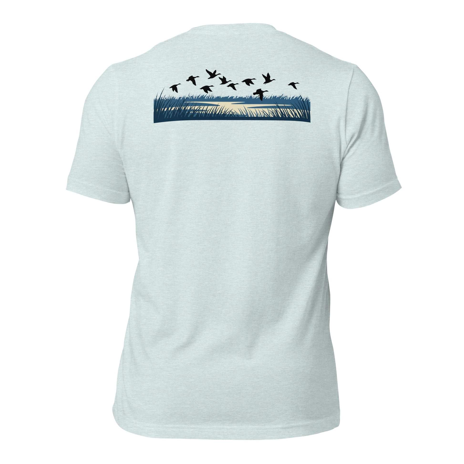 Men's Drift Line Waterfowl Tee in Heather Prism Ice Blue with ducks flying over marsh grass and waterline graphic